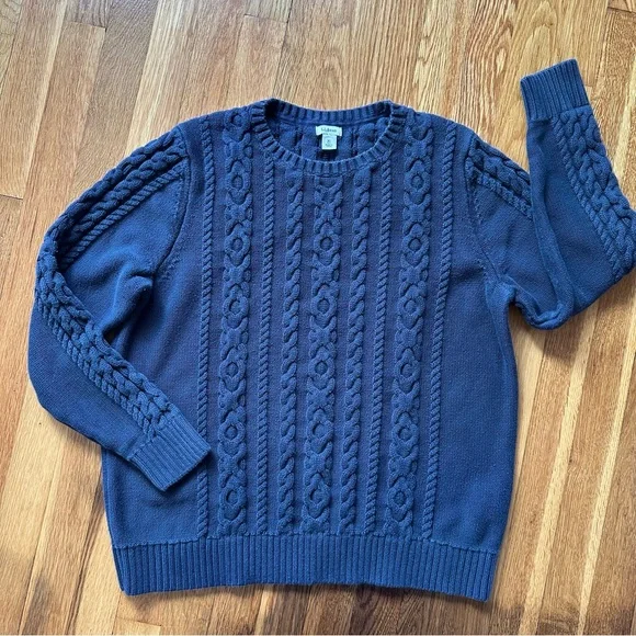 L.L.Bean Women’s XL Navy Blue Double L Cable Knit Sweater 100% Cotton Fisherman - Picture 8 of 14